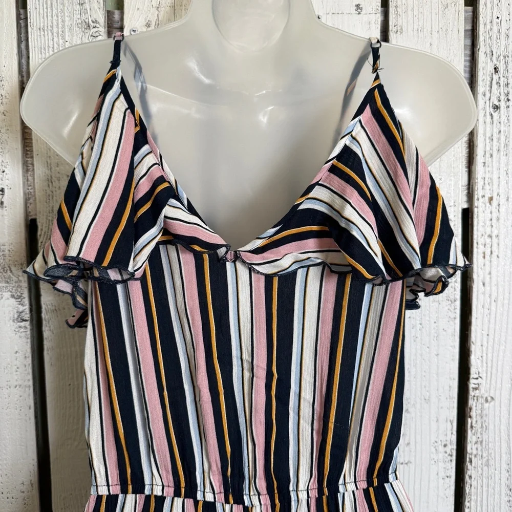 Xhilaration Boho Romper Size XS Pockets Stripes Shoulder Ruffles Wedding‎ Guest